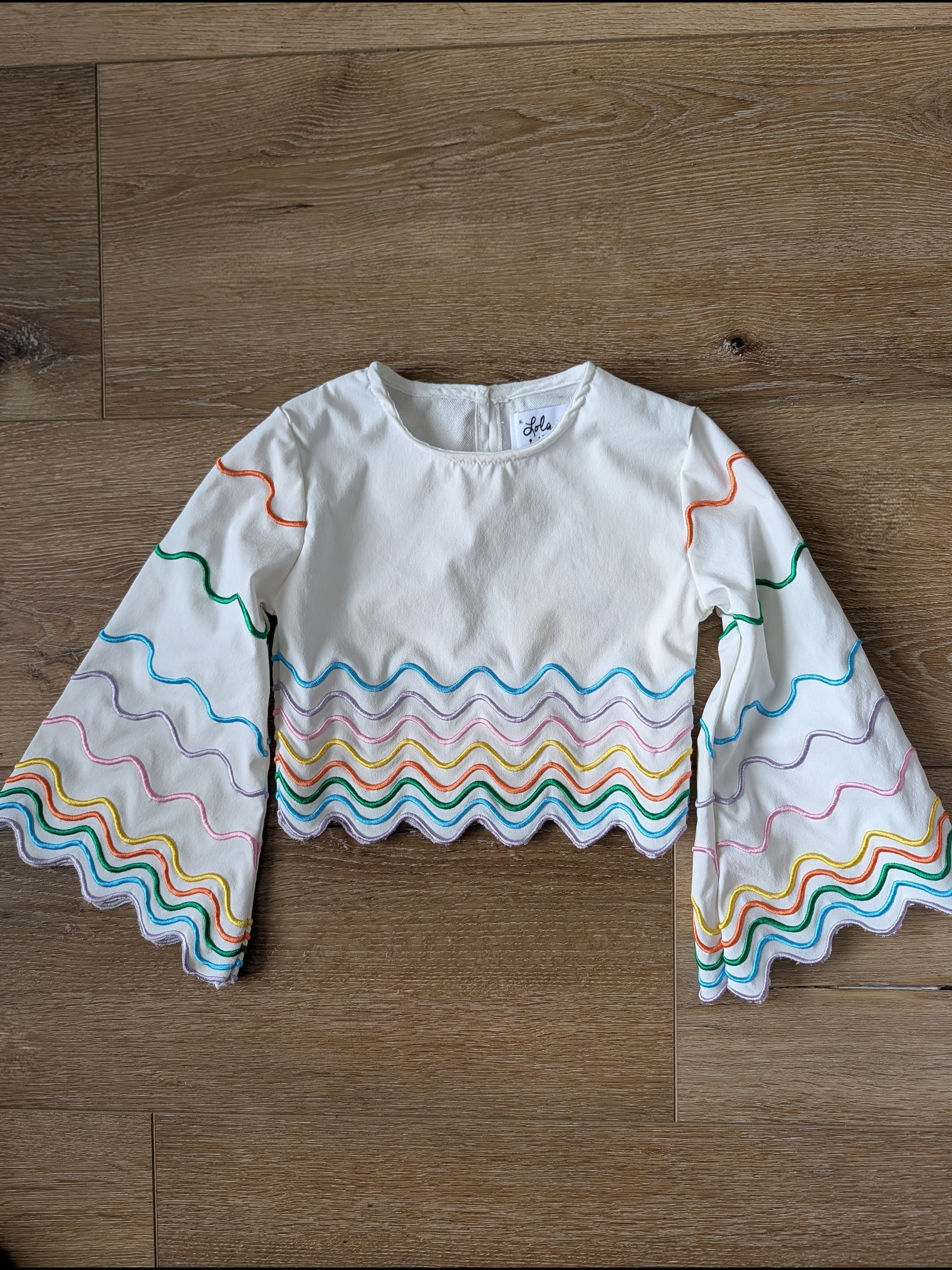 Lola + The Boys Toddler Sz 2 White Bell Sleeve Top With Colorful Embroidery